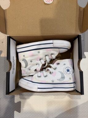 Converse White High Top Kids Sneakers with Pink Accents & Silver Moon Print